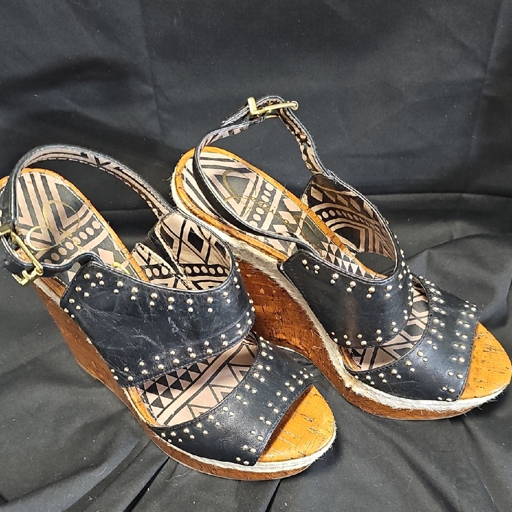 JESSICA SIMPSON GENO NWOT sz 36/US 5.5 leather Black Studded Wedge Cork Sandals